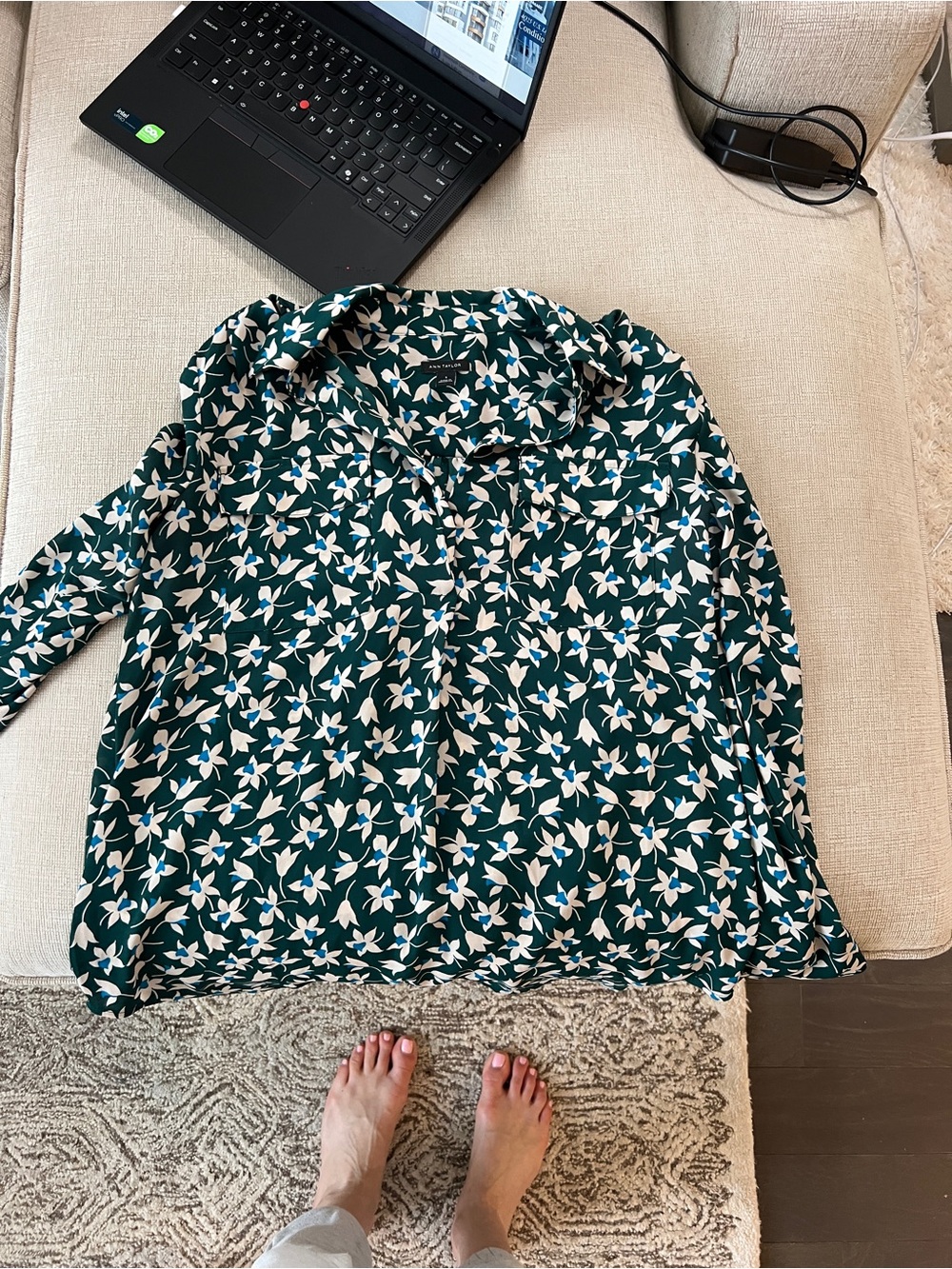 Ann Taylor Green Floral V neck Blouse